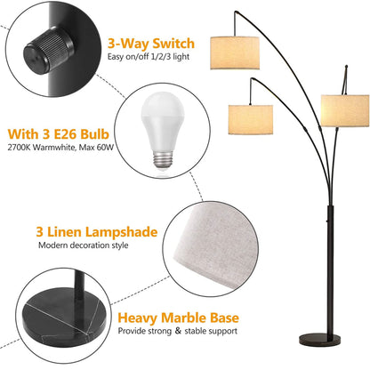 Lighteme Moderne Bogen-Stehlampe mit Marmorsockel – 3 Lichter, die von hinten über der Couch hängen – Mehrflammige, bogenförmige Baumlampe – Ölgeriebene Bronze