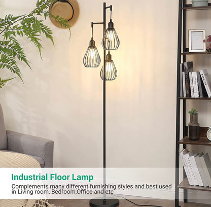 Lighteme Floor Lamp Matches Industrial, Farmhouse & Rustic Living Rooms – Standing Tree Lamp with 3 Elegant Cage Heads & Edison LED Bulbs