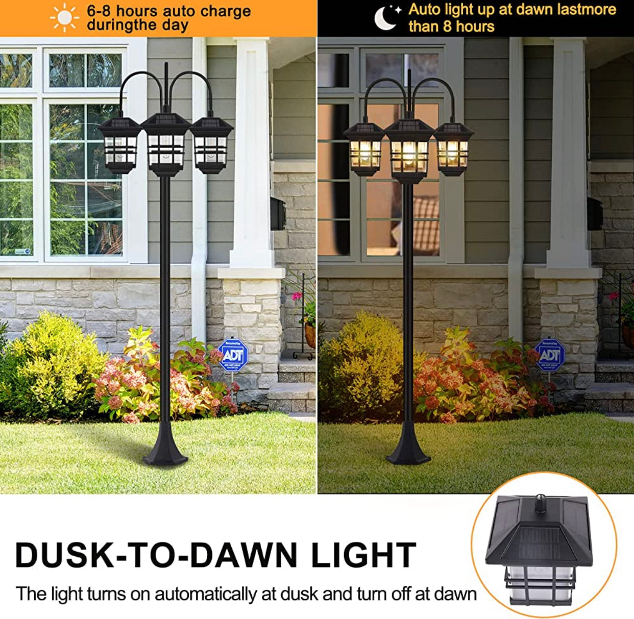 Lampadaire d'extérieur Lighteme 74,8 pouces, à énergie solaire, 3 têtes, étanche, 60 lumens 