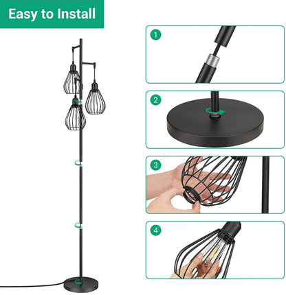 Lighteme Floor Lamp Matches Industrial, Farmhouse & Rustic Living Rooms – Standing Tree Lamp with 3 Elegant Cage Heads & Edison LED Bulbs