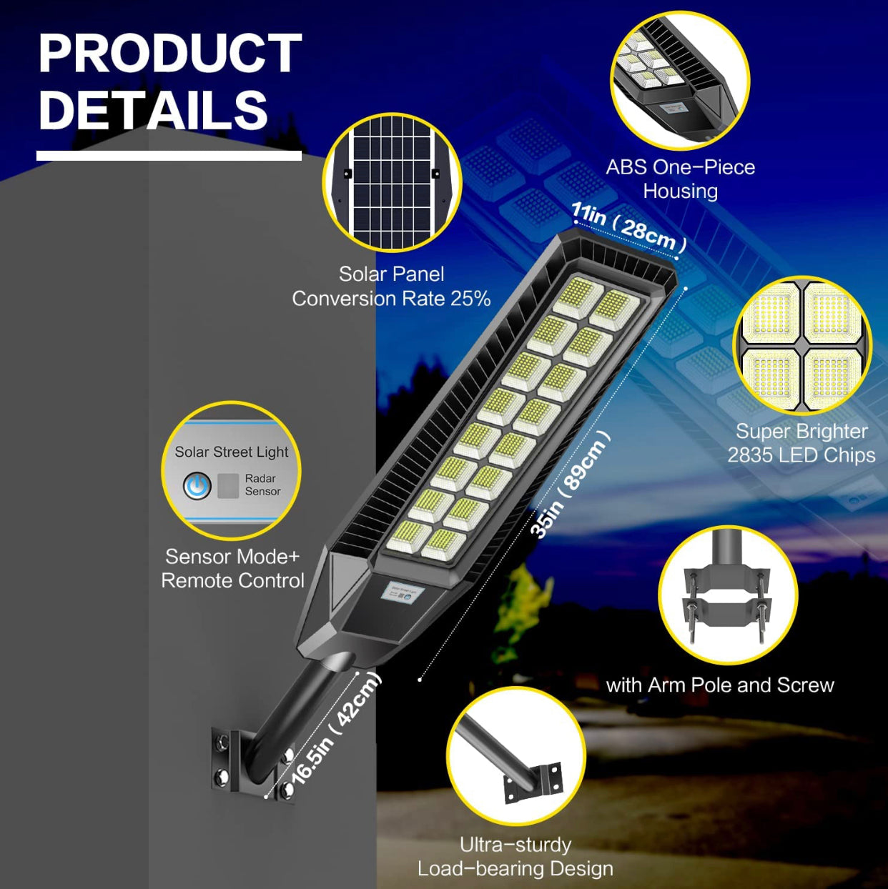 Lighteme 2er-Pack 1600 W Solar-Straßenlaternen für den Außenbereich, 90.000 Lumen, Dämmerung bis Morgengrauen, mit Fernbedienung und Bewegungssensor 