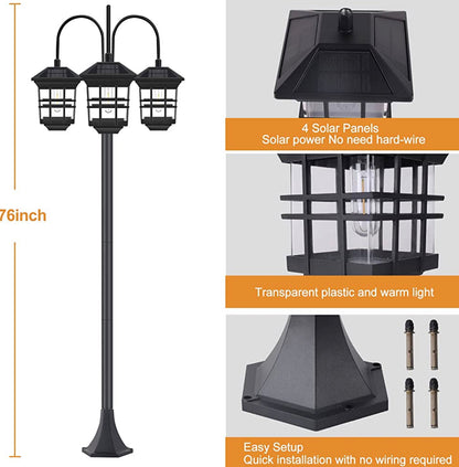 Lampadaire d'extérieur Lighteme 74,8 pouces, à énergie solaire, 3 têtes, étanche, 60 lumens 