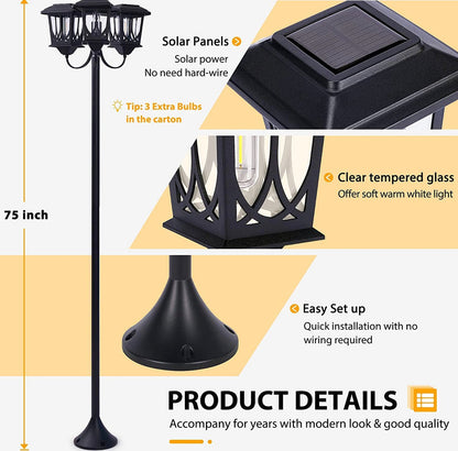 Lampadaire d'extérieur Lighteme en aluminium 74,8 pouces, lampadaire étanche à 3 têtes, 60 lumens 