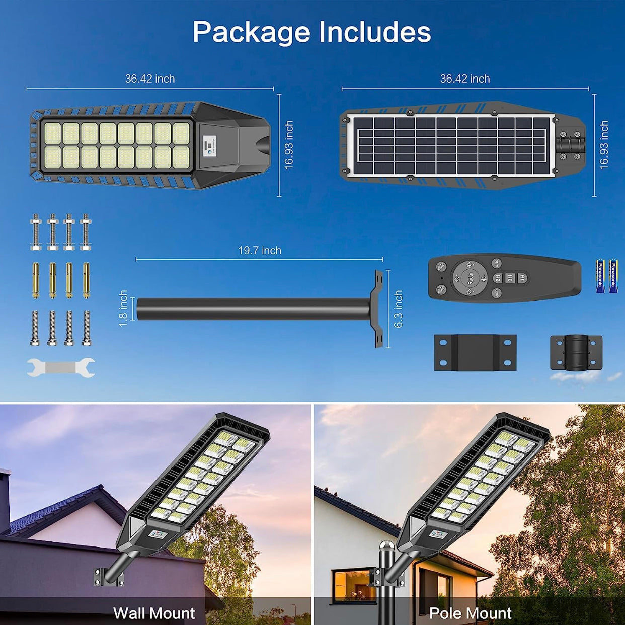 Lighteme 2er-Pack 1600 W Solar-Straßenlaternen für den Außenbereich, 90.000 Lumen, Dämmerung bis Morgengrauen, mit Fernbedienung und Bewegungssensor 