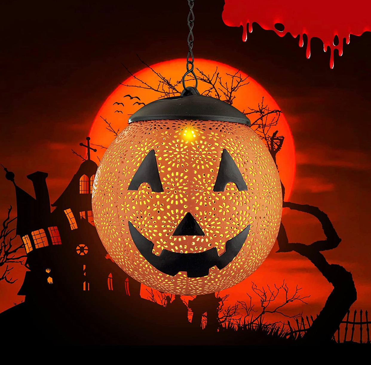 Lanterne solaire suspendue d'extérieur Lighteme pour Halloween, lanterne décorative de jardin en métal, LED solaire, étanche, ronde