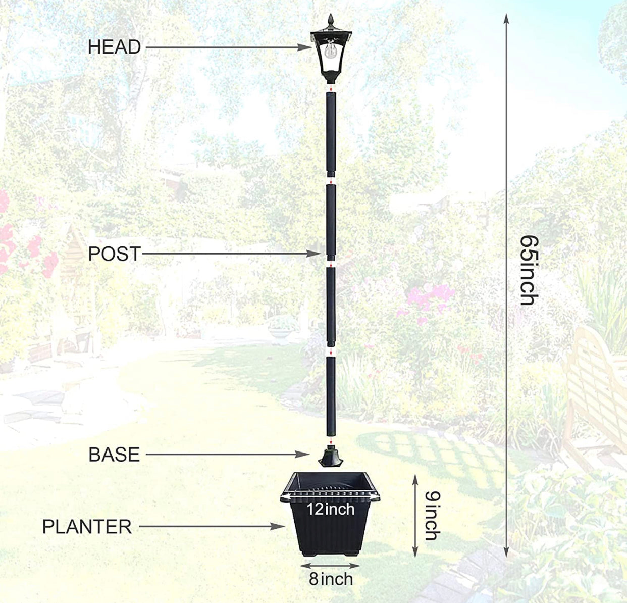 Lampadaire solaire d'extérieur Lighteme de 64 pouces avec jardinière, 70 lumens, à énergie solaire, 4 hauteurs réglables - Noir