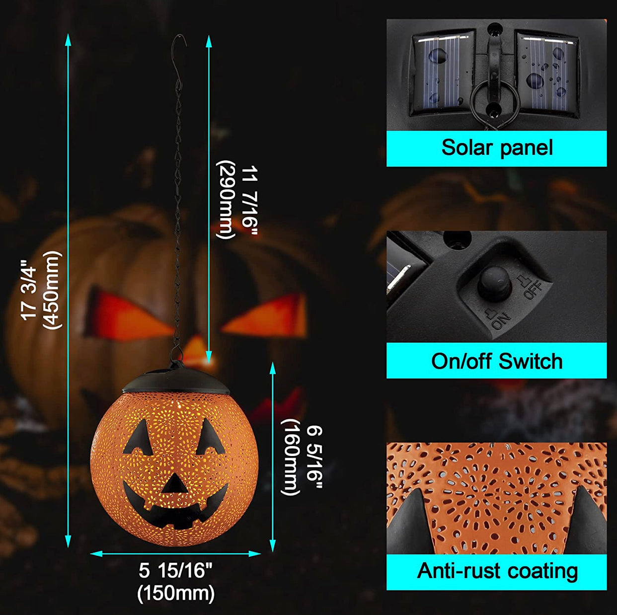 Lanterne solaire suspendue d'extérieur Lighteme pour Halloween, lanterne décorative de jardin en métal, LED solaire, étanche, ronde