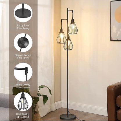 Lighteme Floor Lamp Matches Industrial, Farmhouse & Rustic Living Rooms – Standing Tree Lamp with 3 Elegant Cage Heads & Edison LED Bulbs