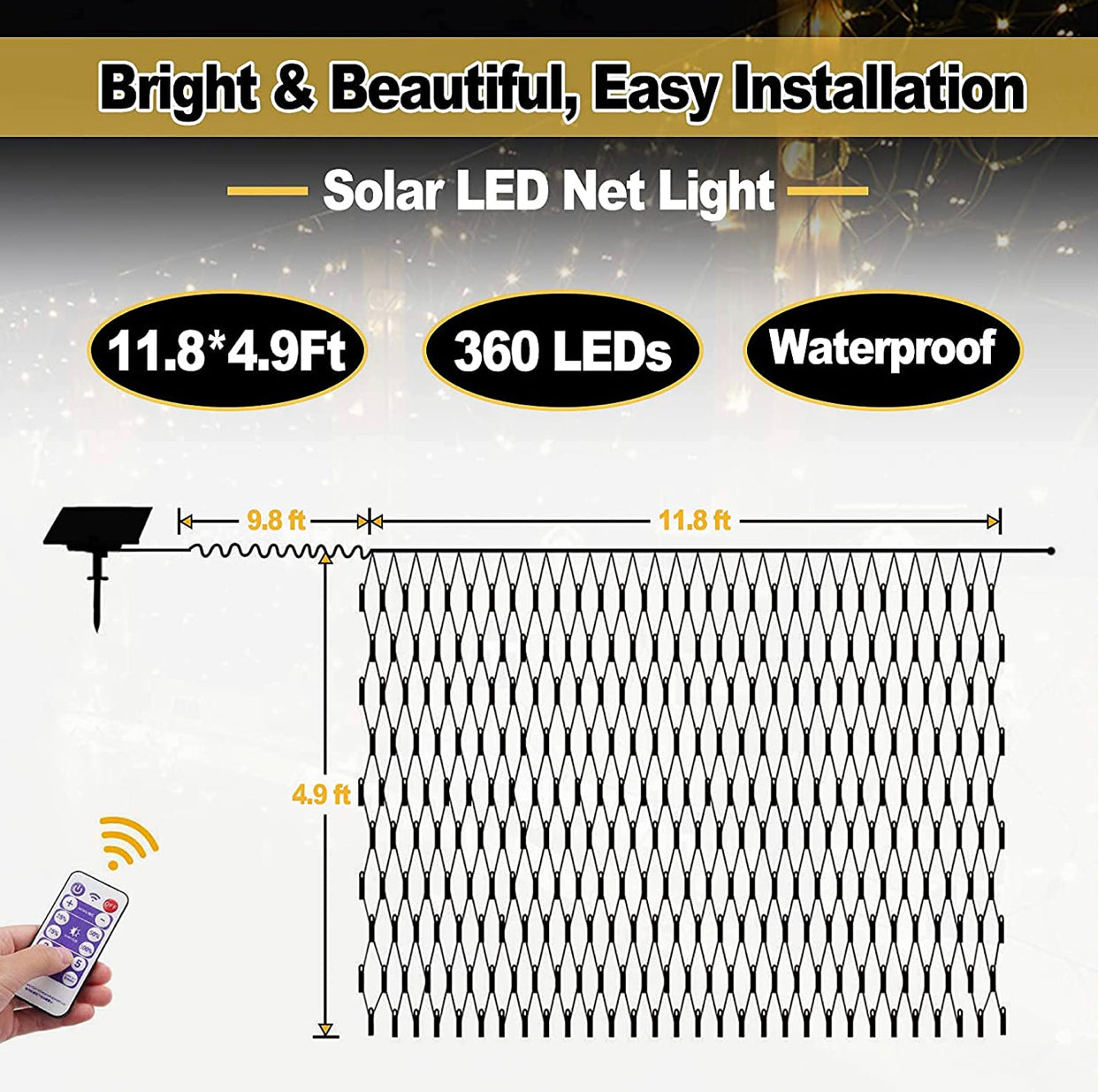 Guirlande lumineuse solaire Lighteme 360 ​​LED avec télécommande, 3,6 m x 1,5 m, pour clôture