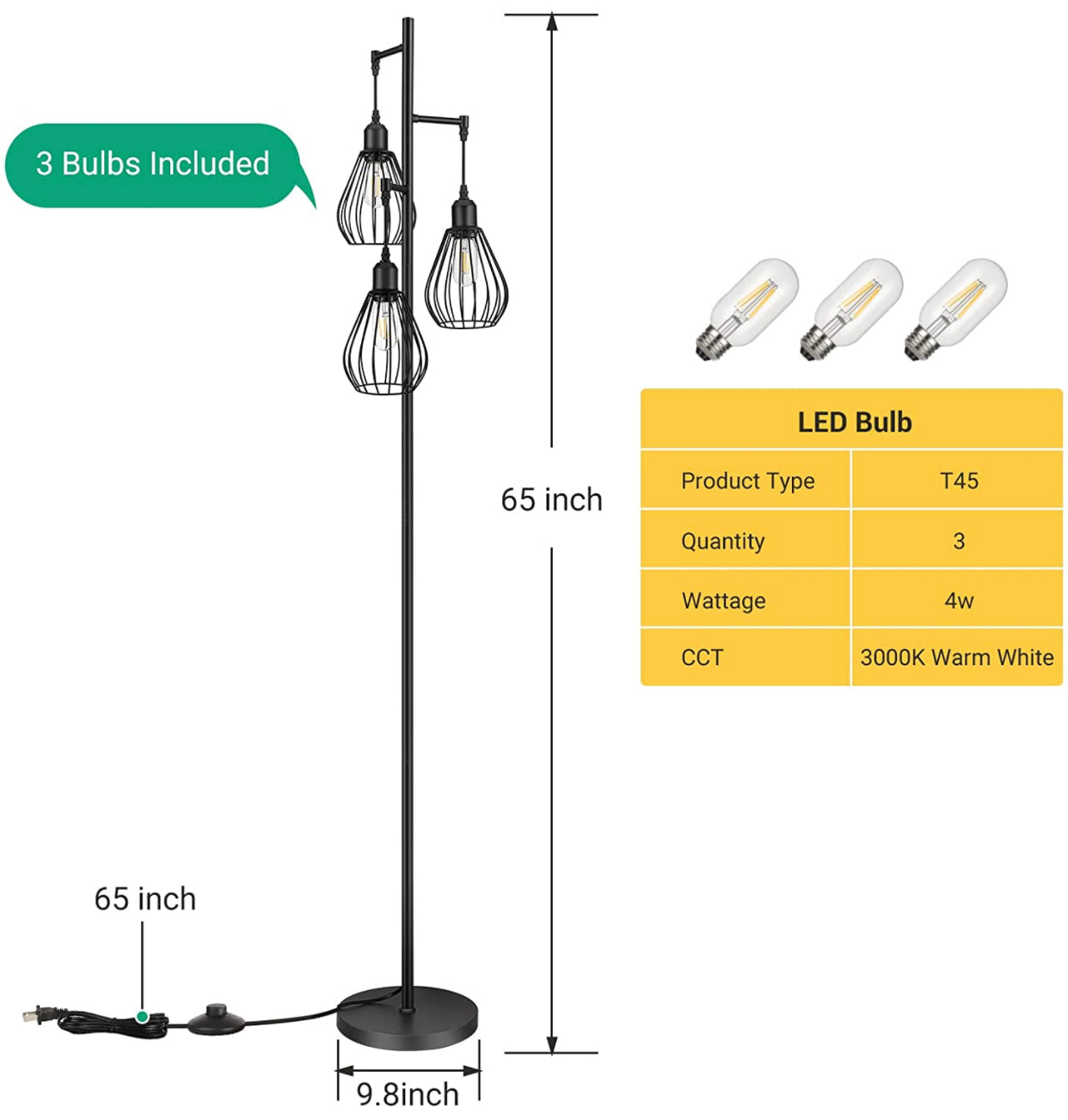 Lighteme Floor Lamp Matches Industrial, Farmhouse & Rustic Living Rooms – Standing Tree Lamp with 3 Elegant Cage Heads & Edison LED Bulbs