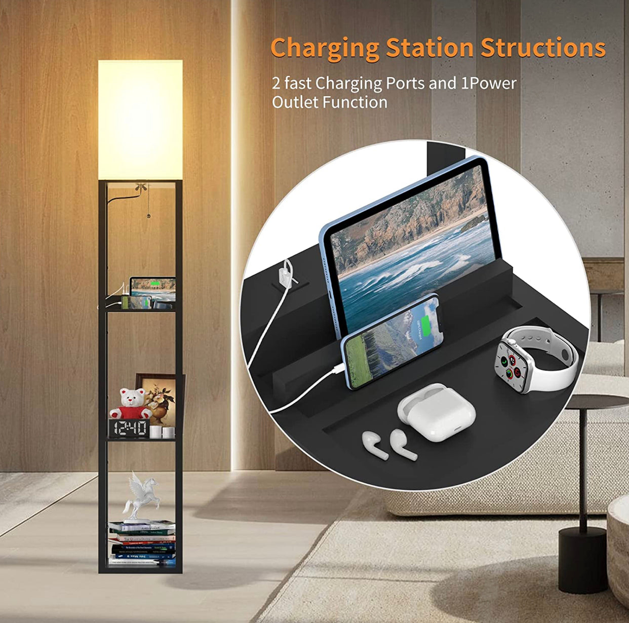 Chargeur de lampadaire Lighteme - Lampadaire d'étagère avec ports de charge USB et prise électrique 