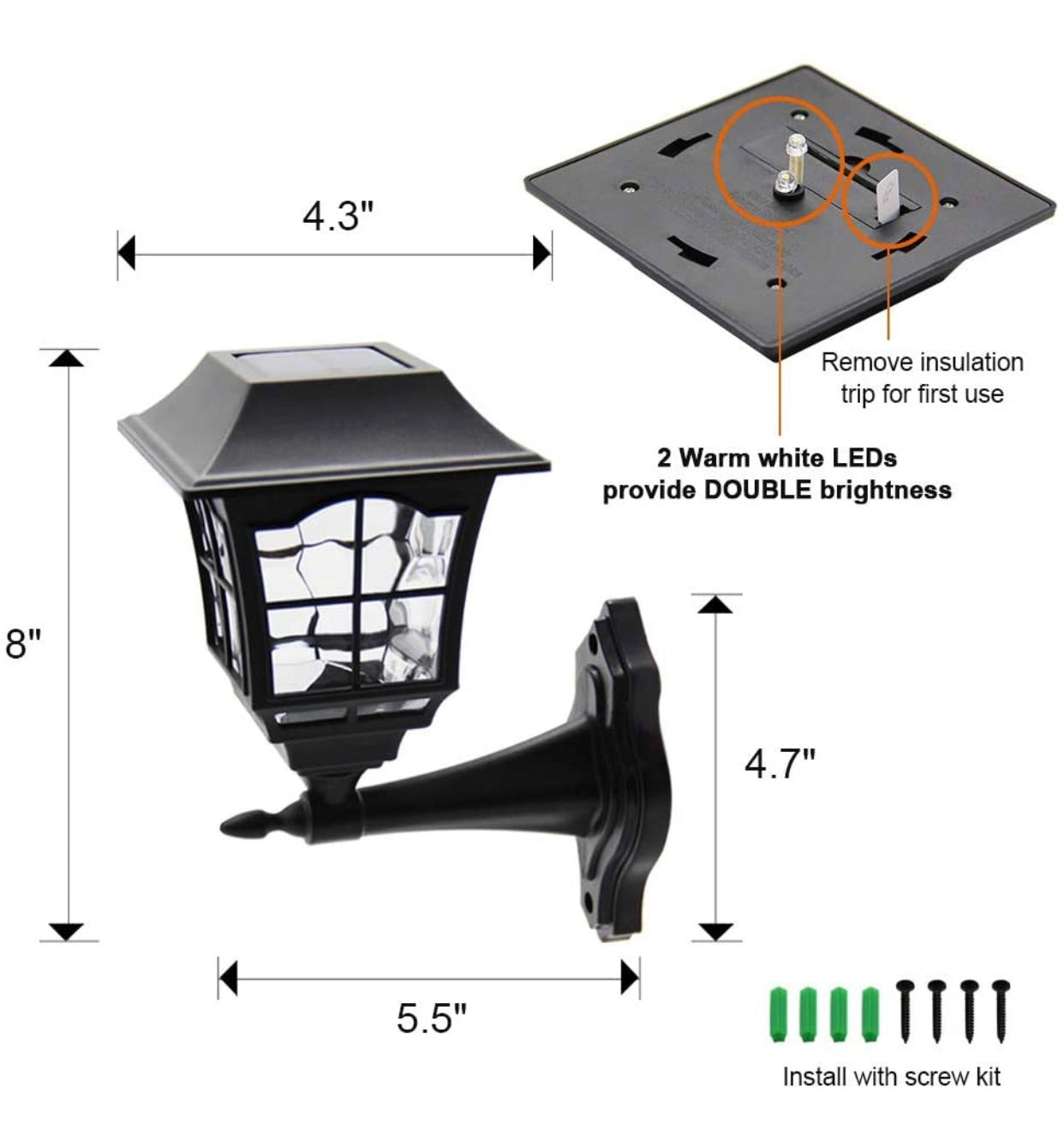 Lighteme Lot de 4 lanternes murales solaires d'extérieur 15 lumens Luminaire LED solaire d'extérieur de Noël avec kit de montage mural 