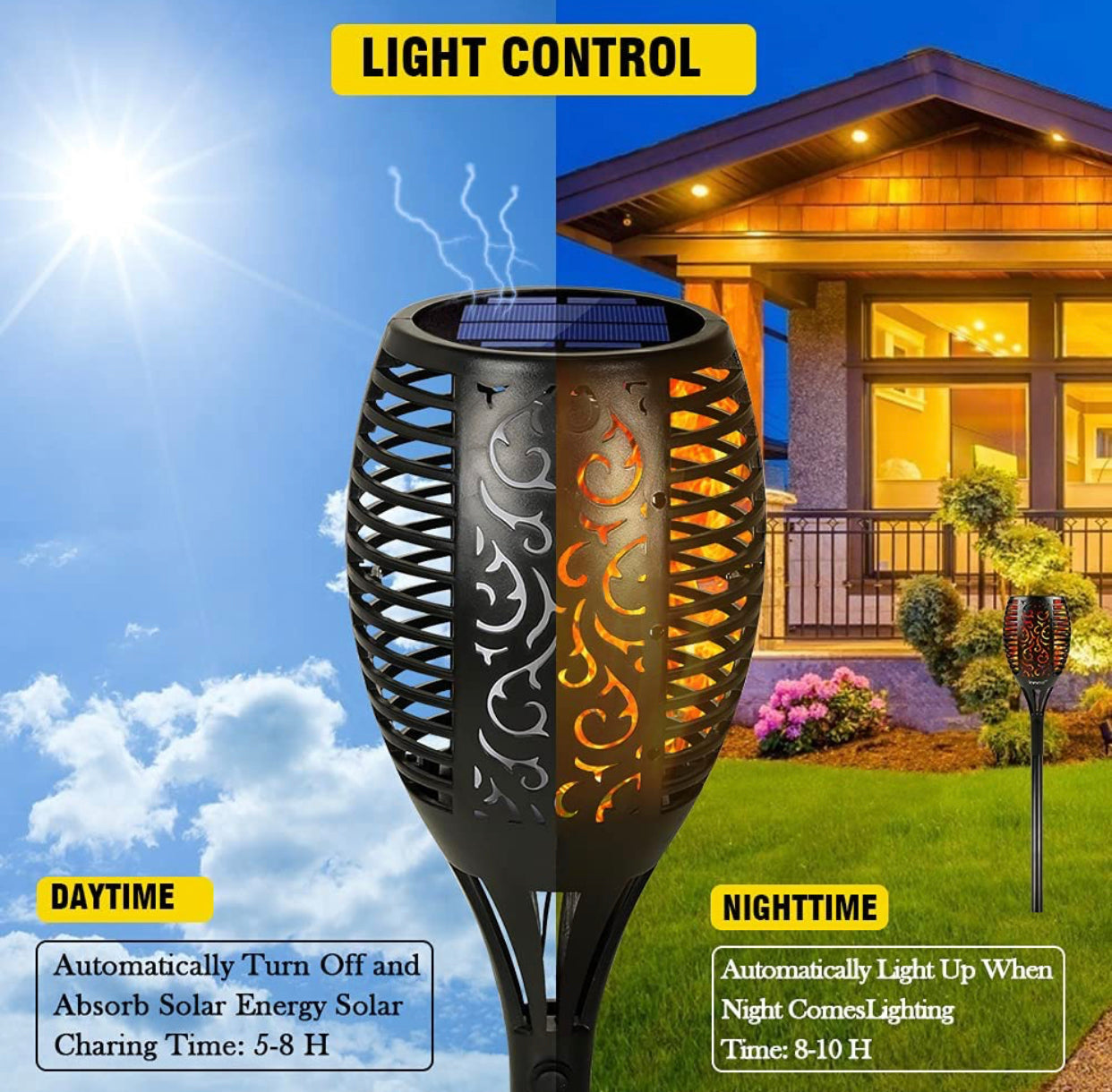 Lighteme Solar-LED-Flammenlampe, Rasenflamme, flackernde Fackel, Feuer im Freien, 96 LED-Leuchten, 4er-Pack