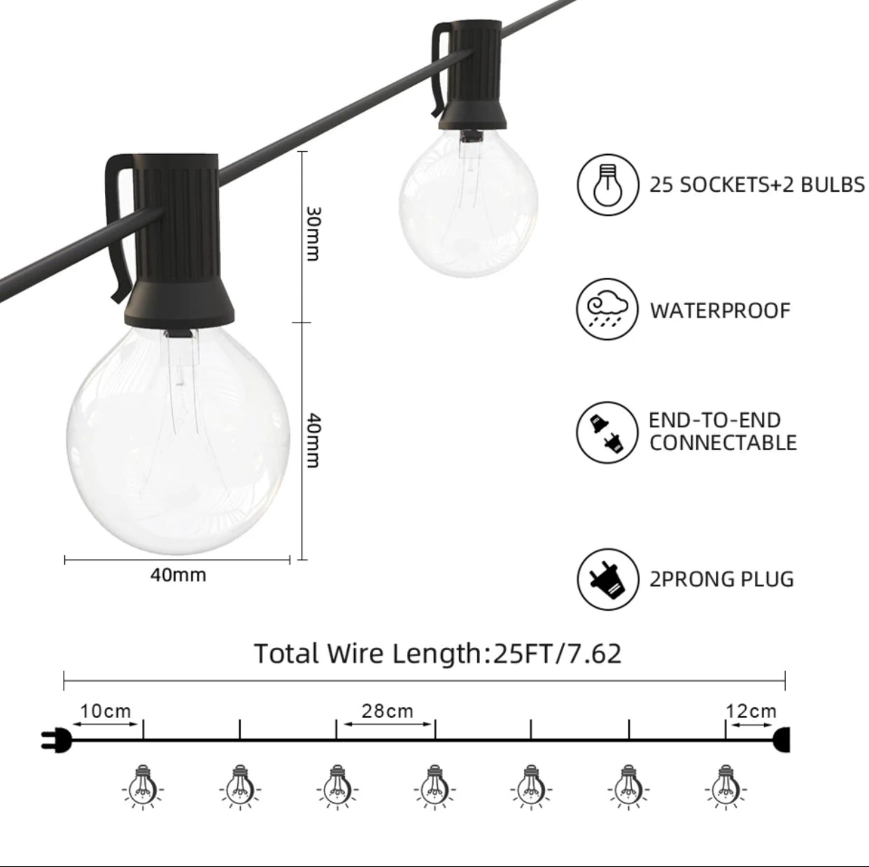 Lighteme 25 Ft Plug-In Outdoor String Light G40 Globe Patio Lights with 26 Edison Glass Bulbs Hanging Light
