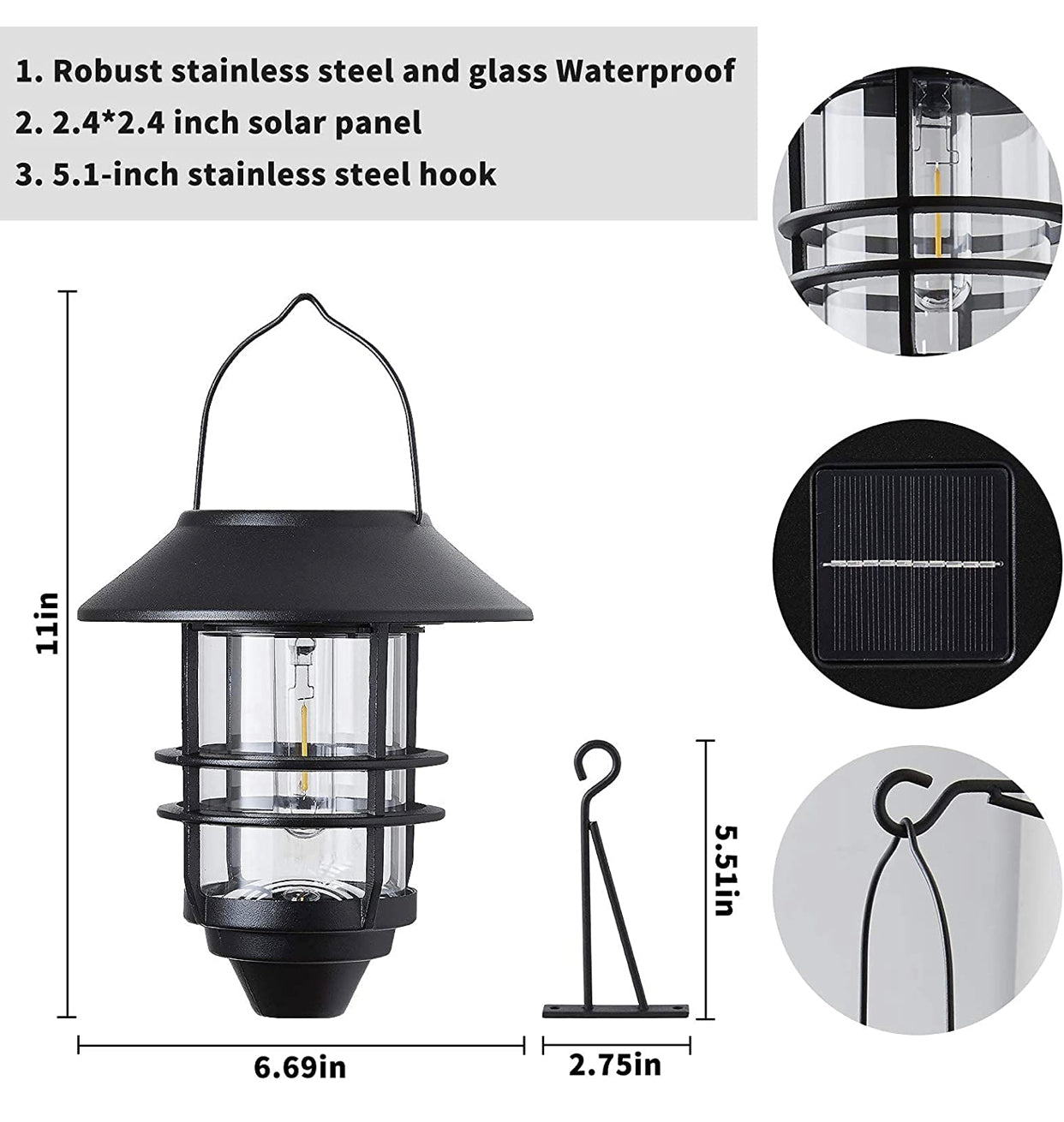 Lighteme 2er-Pack Solar-Sicherheits-Hängelaternen, Wand-/Verandaleuchten, 15 Lumen, schweres Glas und Edelstahl