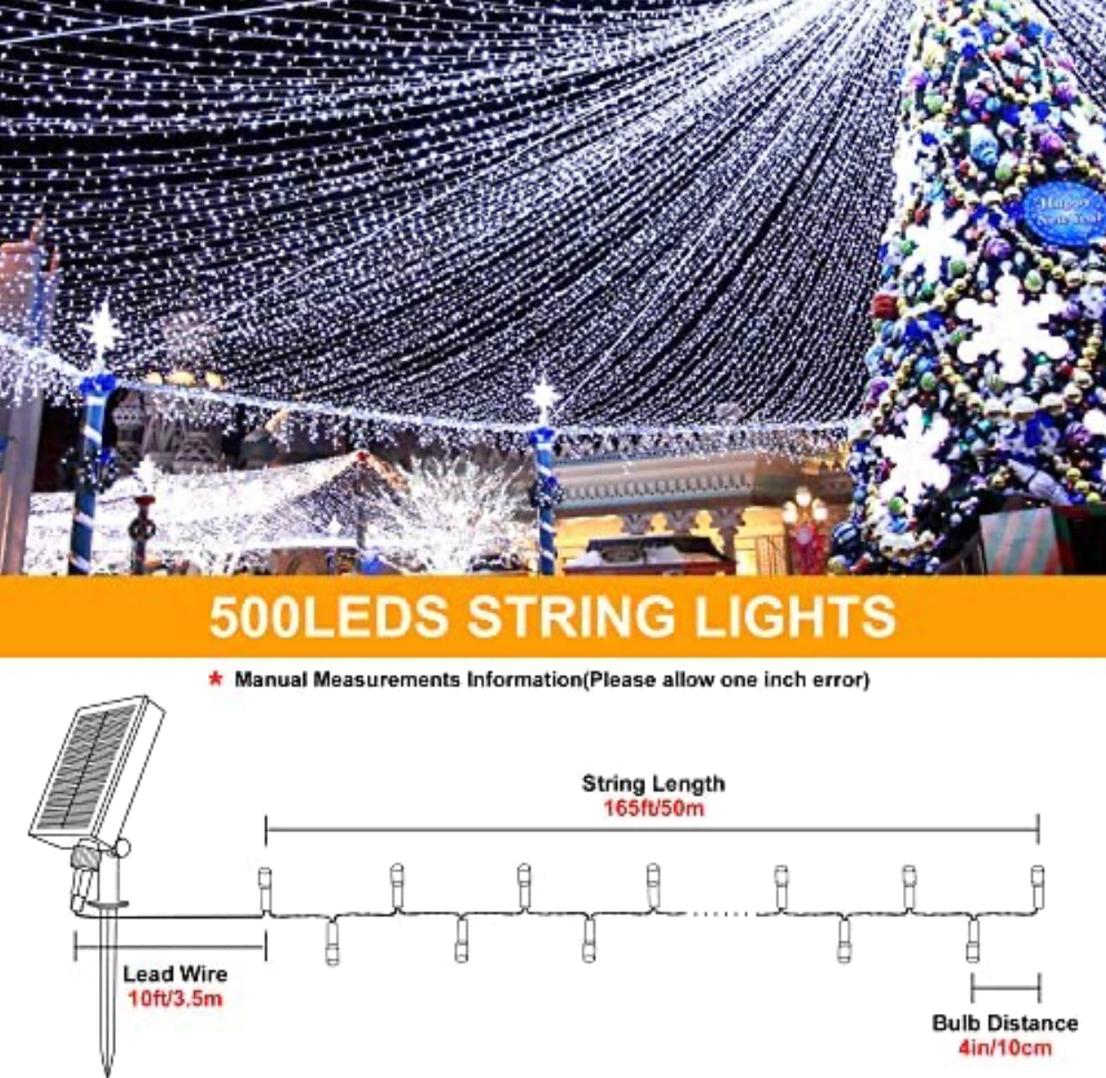 Guirlande lumineuse solaire d'extérieur Lighteme de 50 m, fil blanc, 500 LED, 8 modes, minuterie et télécommande.