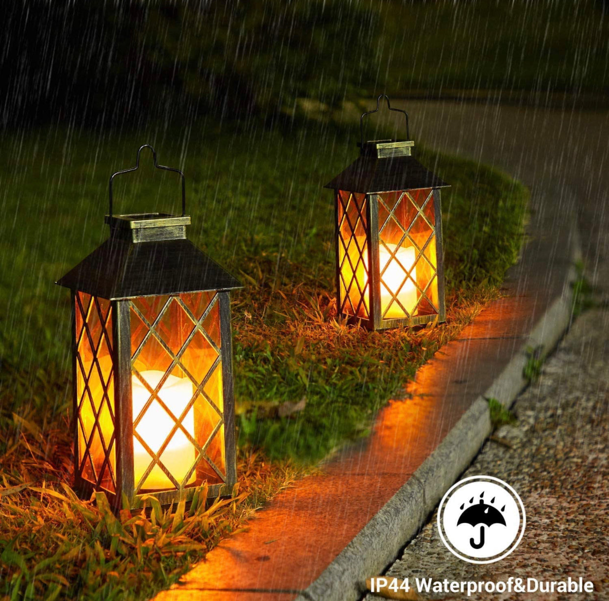 Lanternes solaires d'extérieur Lighteme, lot de 2, étanches, à LED, alimentées par l'énergie solaire avec poignée, sans flamme vacillante