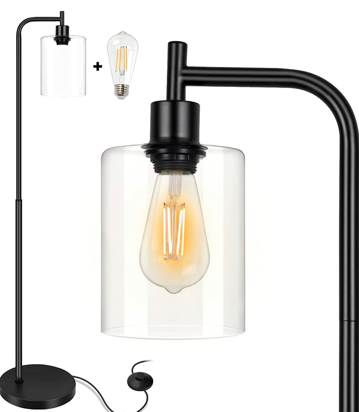 Lampadaire industriel Lighteme, lampes sur pied modernes avec abat-jour suspendu en verre transparent 