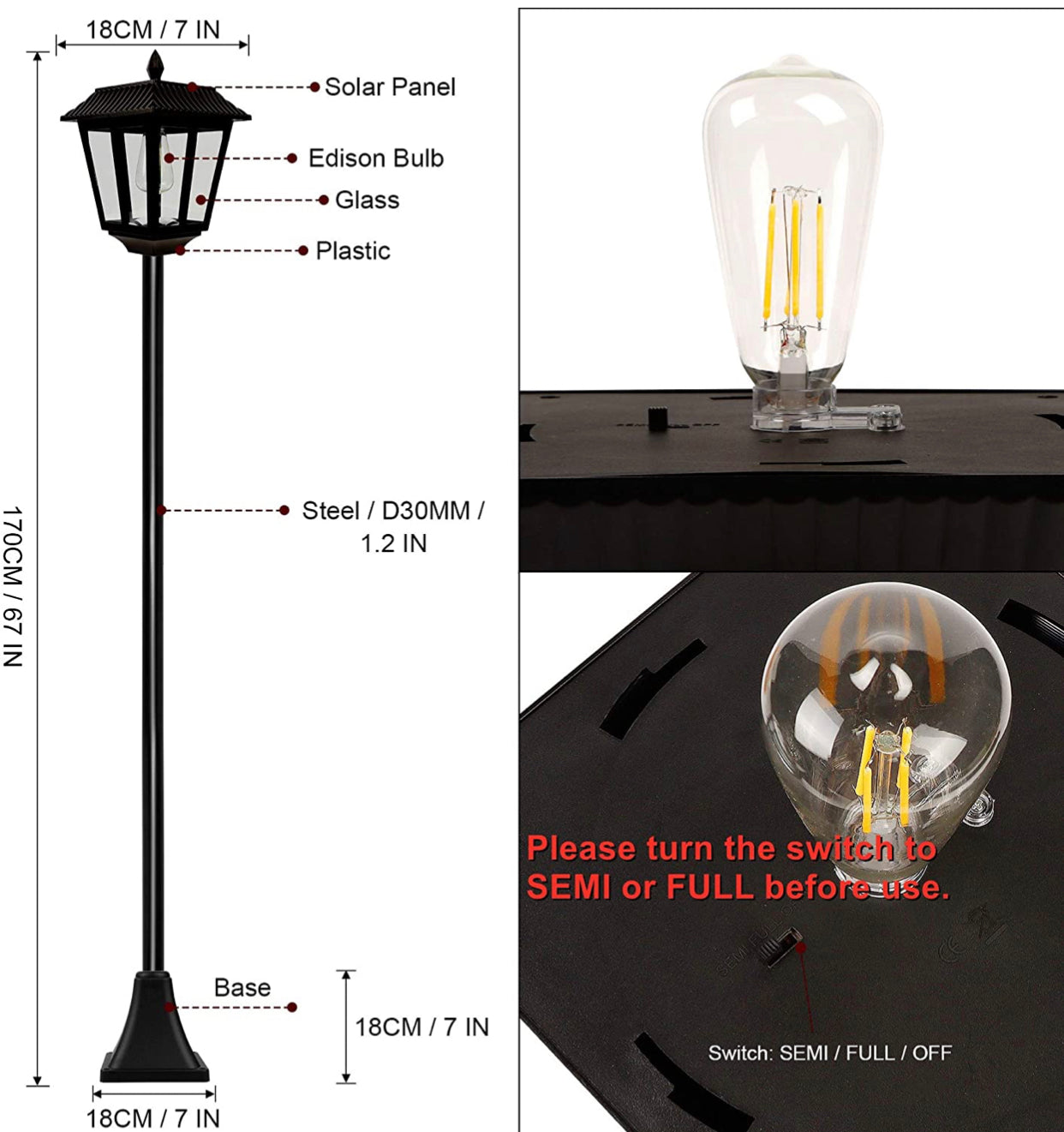 Lampadaire solaire Lighteme de 67 pouces, lampadaire d'extérieur vintage à énergie solaire de 100 lumens, ampoule LED Edison blanc chaud 