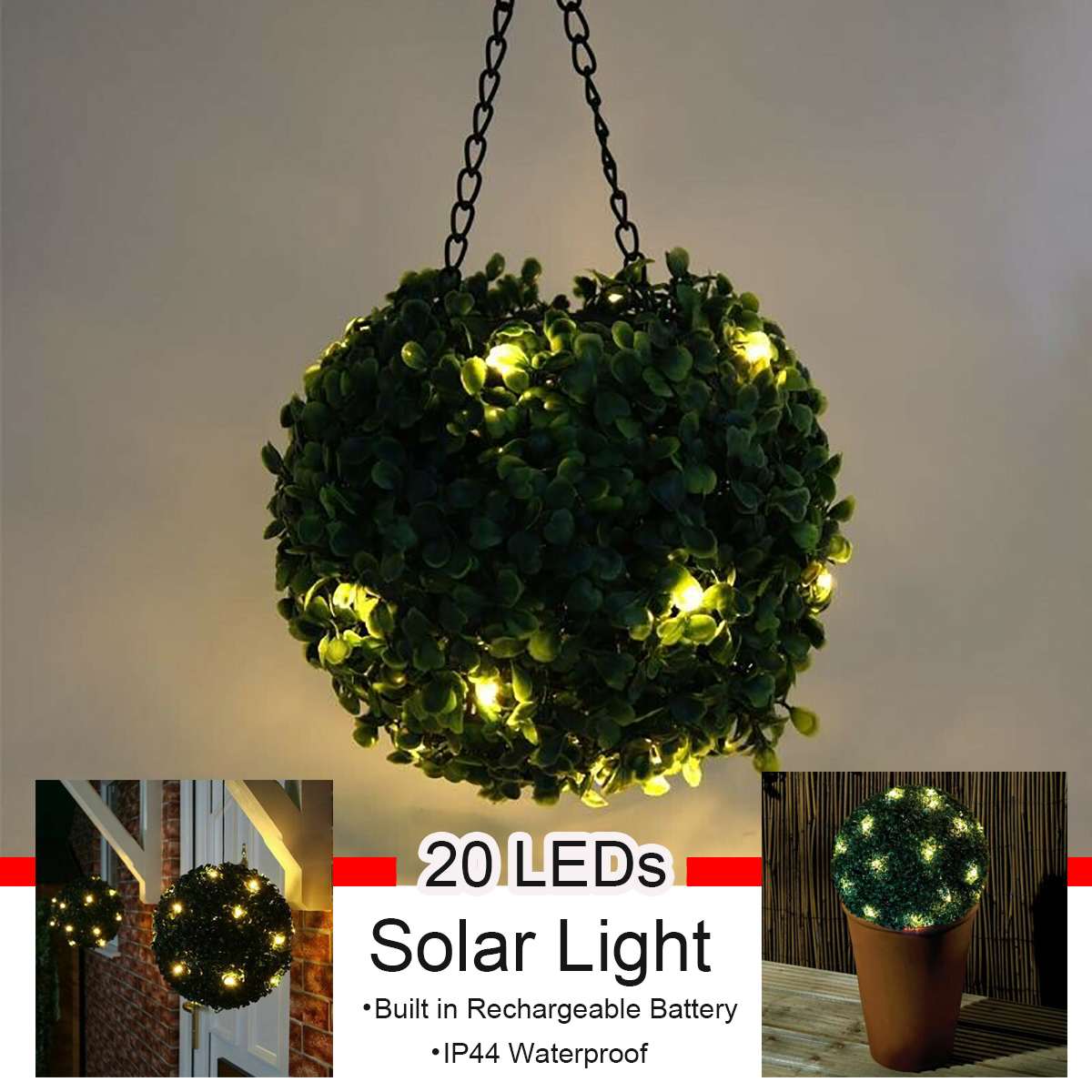 Boule de gazon topiaire artificiel Lighteme avec lampes solaires, crochet inclus