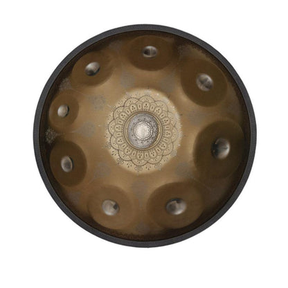 Lighteme Royal Garden Handpan Drum, Available in 432 Hz and 440 Hz, Handmade Kurd Scale / Celtic Scale D Minor 22 Inch 9/10/12 Notes Featured High-end Stainless Steel Percussion Instrument - Gold-plated Sound Area, Laser engraved Mandala pattern.