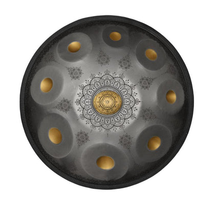 Lighteme Royal Garden Handpan Drum, Available in 432 Hz and 440 Hz, Handmade Kurd Scale / Celtic Scale D Minor 22 Inch 9/10/12 Notes Featured High-end Stainless Steel Percussion Instrument - Gold-plated Sound Area, Laser engraved Mandala pattern.
