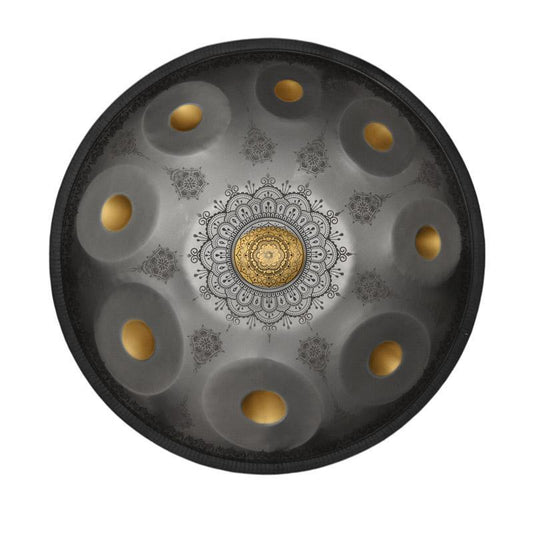 Lighteme Royal Garden Mini Handpan Drum Handmade Kurd Scale G Minor 18 Inch 9 Notes, Available in 432 Hz and 440 Hz, Featured High-end Stainless Steel Percussion Instrument - Gold-plated Sound Area, Laser engraved Mandala pattern. Never fade.