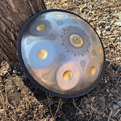 Lighteme Royal Garden Mini Handpan Drum Handmade Kurd Scale G Minor 18 Inch 9 Notes, Available in 432 Hz and 440 Hz, Featured High-end Stainless Steel Percussion Instrument - Gold-plated Sound Area, Laser engraved Mandala pattern. Never fade.